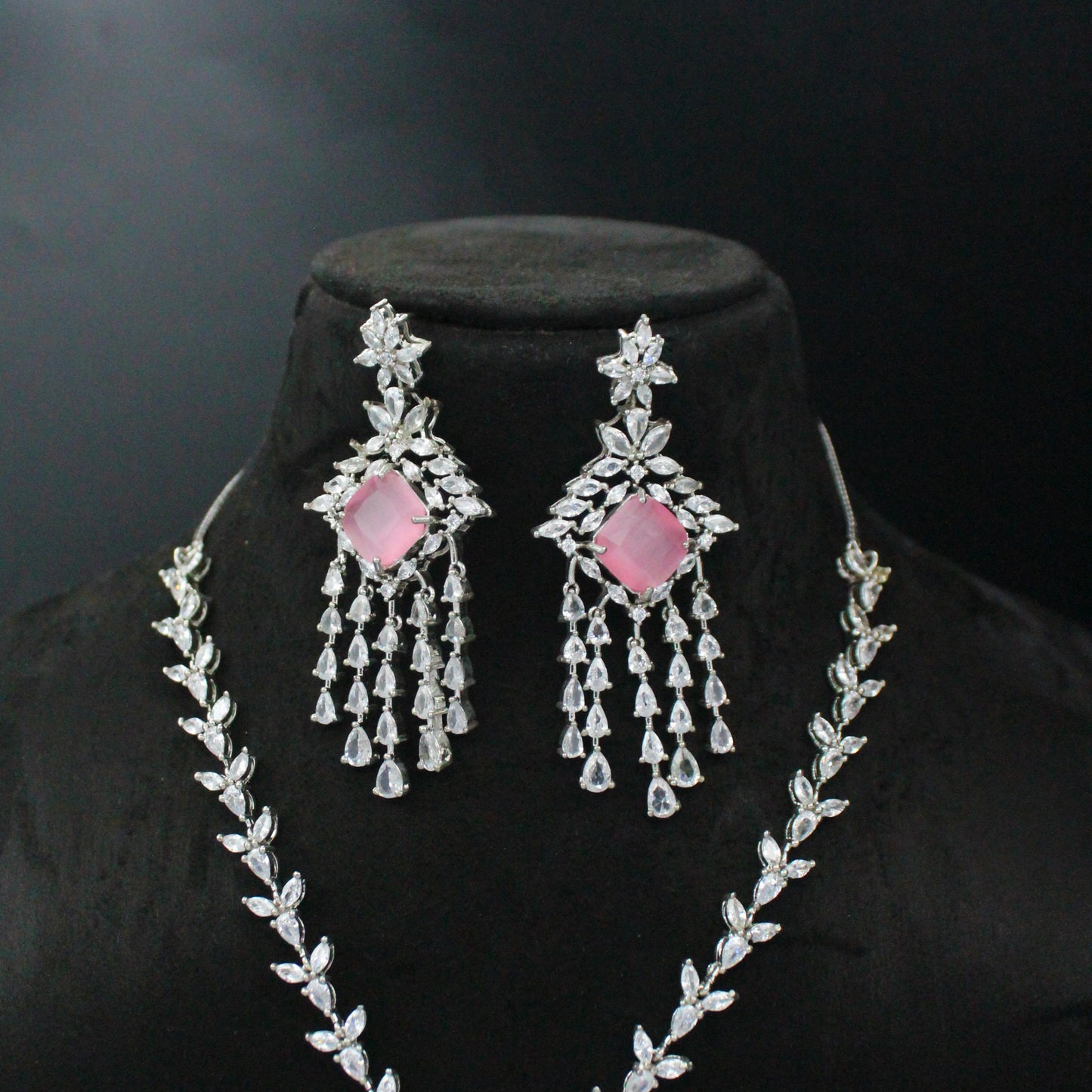 Platinum Mint Pink Hangings Short Necklace Set With Push Back Earrings 38874