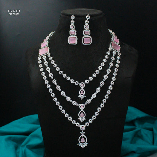 Platinum Mint Pink 3 Layers Necklace Set With Push Back Earrings 27311