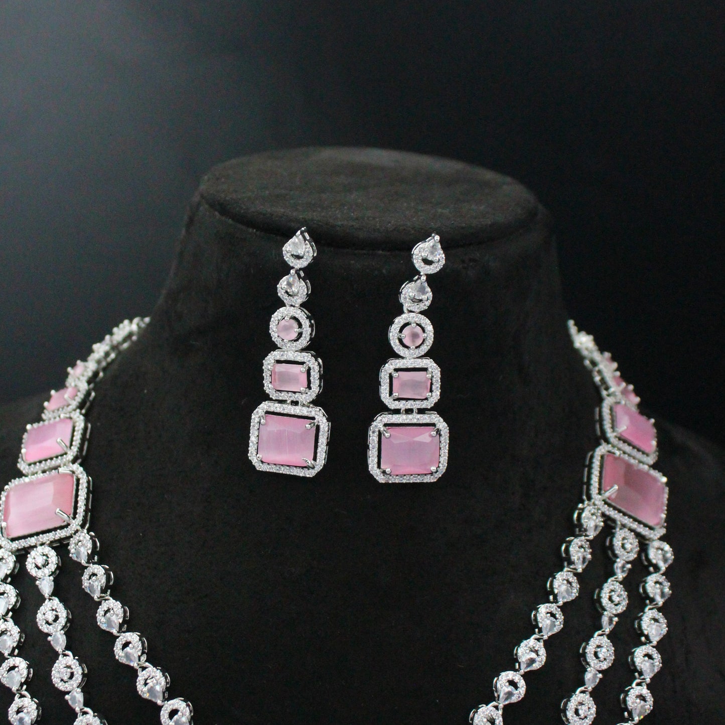 Platinum Mint Pink 3 Layers Necklace Set With Push Back Earrings 27311