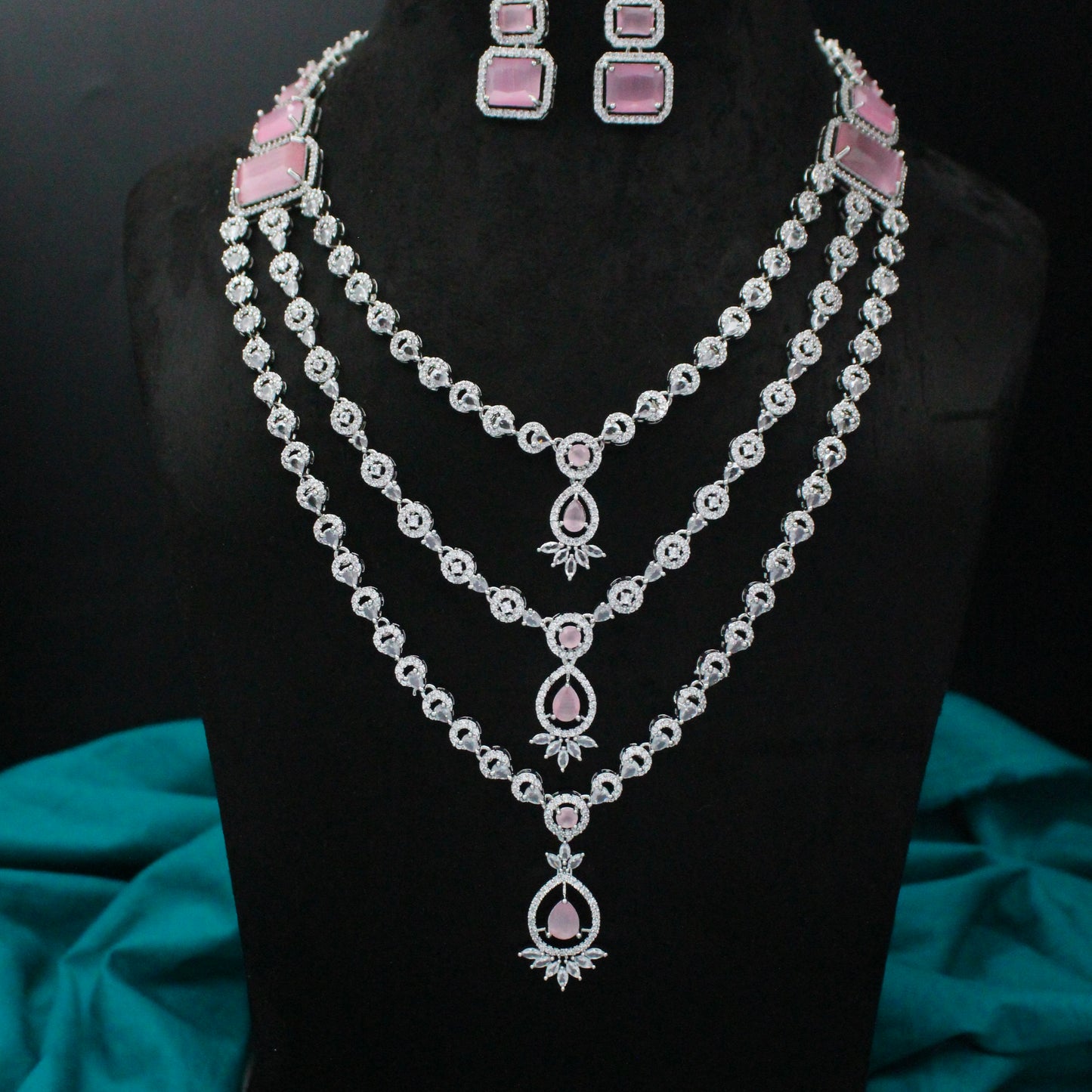 Platinum Mint Pink 3 Layers Necklace Set With Push Back Earrings 27311
