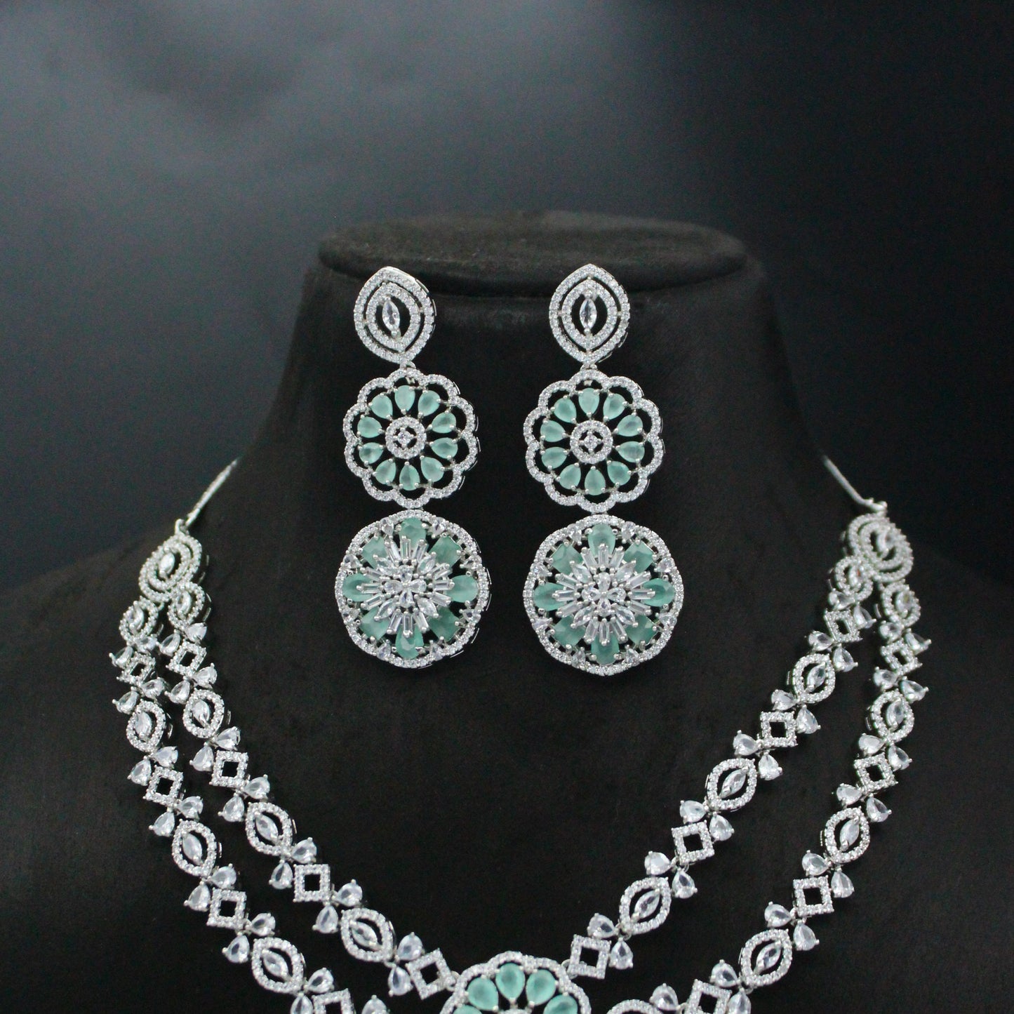 Platinum Mint Blue Floral Short Necklace Set With Push Back Earrings And Maangtikka 16172