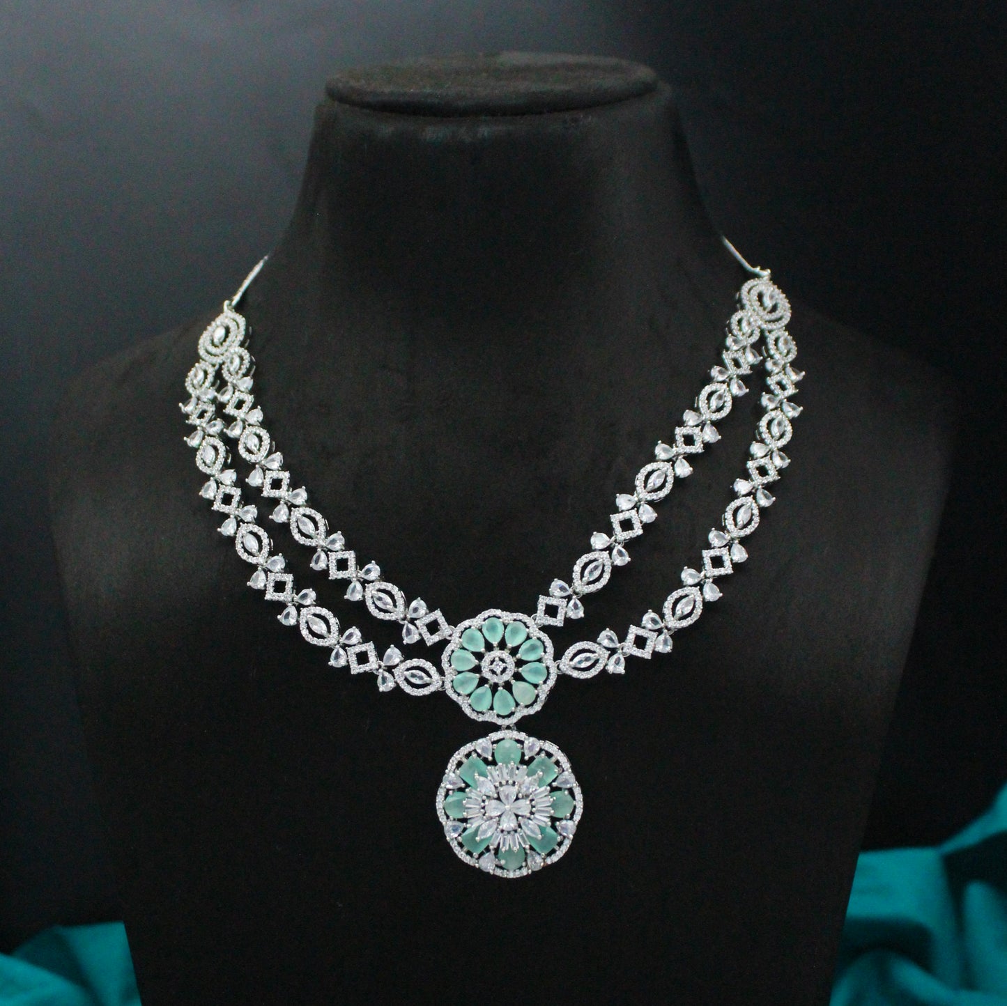 Platinum Mint Blue Floral Short Necklace Set With Push Back Earrings And Maangtikka 16172