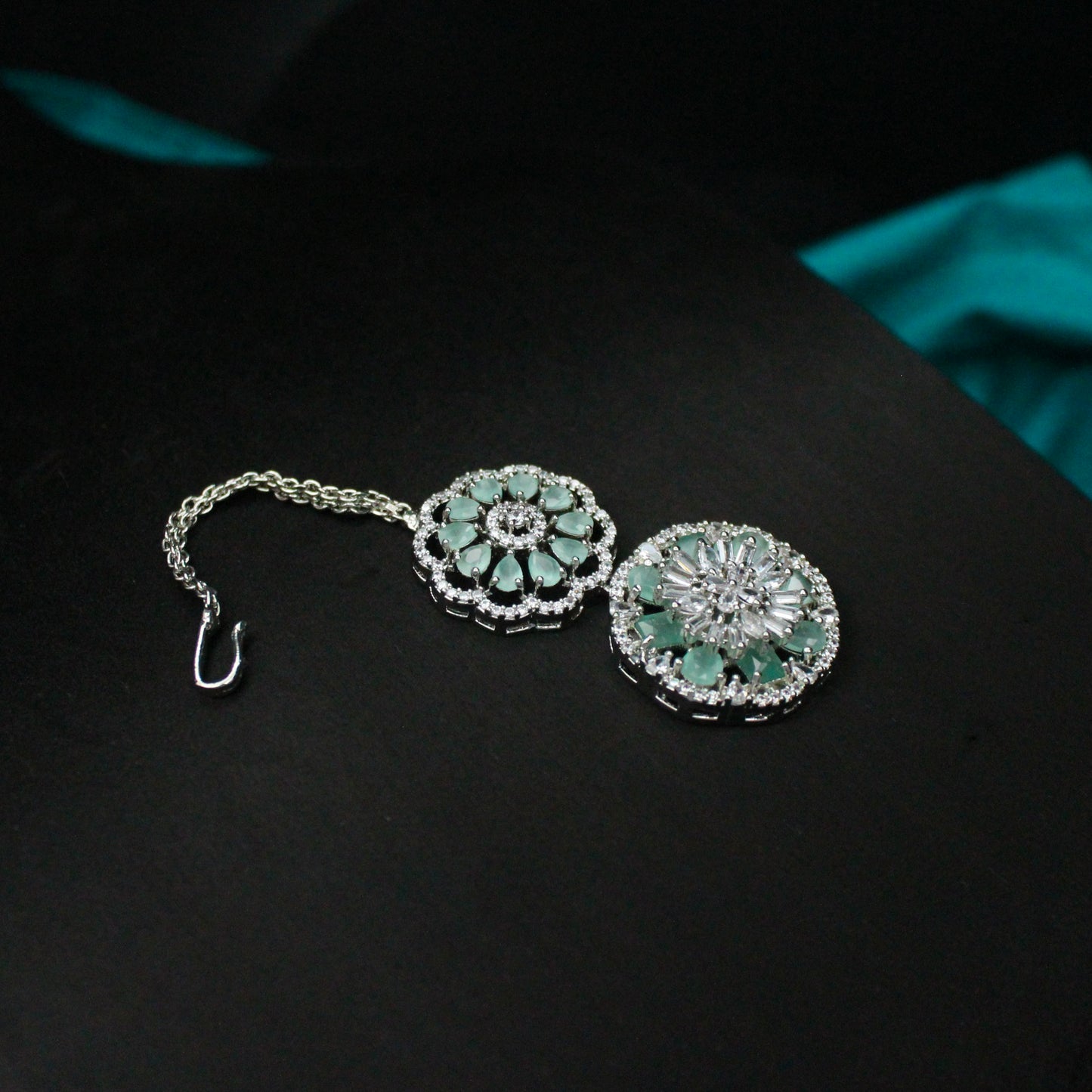 Platinum Mint Blue Floral Short Necklace Set With Push Back Earrings And Maangtikka 16172