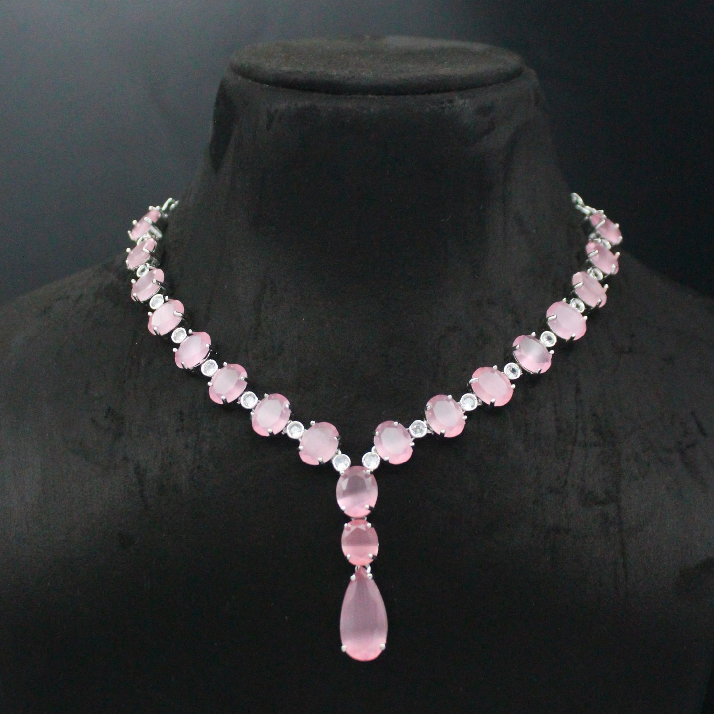 Platinum Pink Drop Short Necklace Set With Push Back Earrings 39086