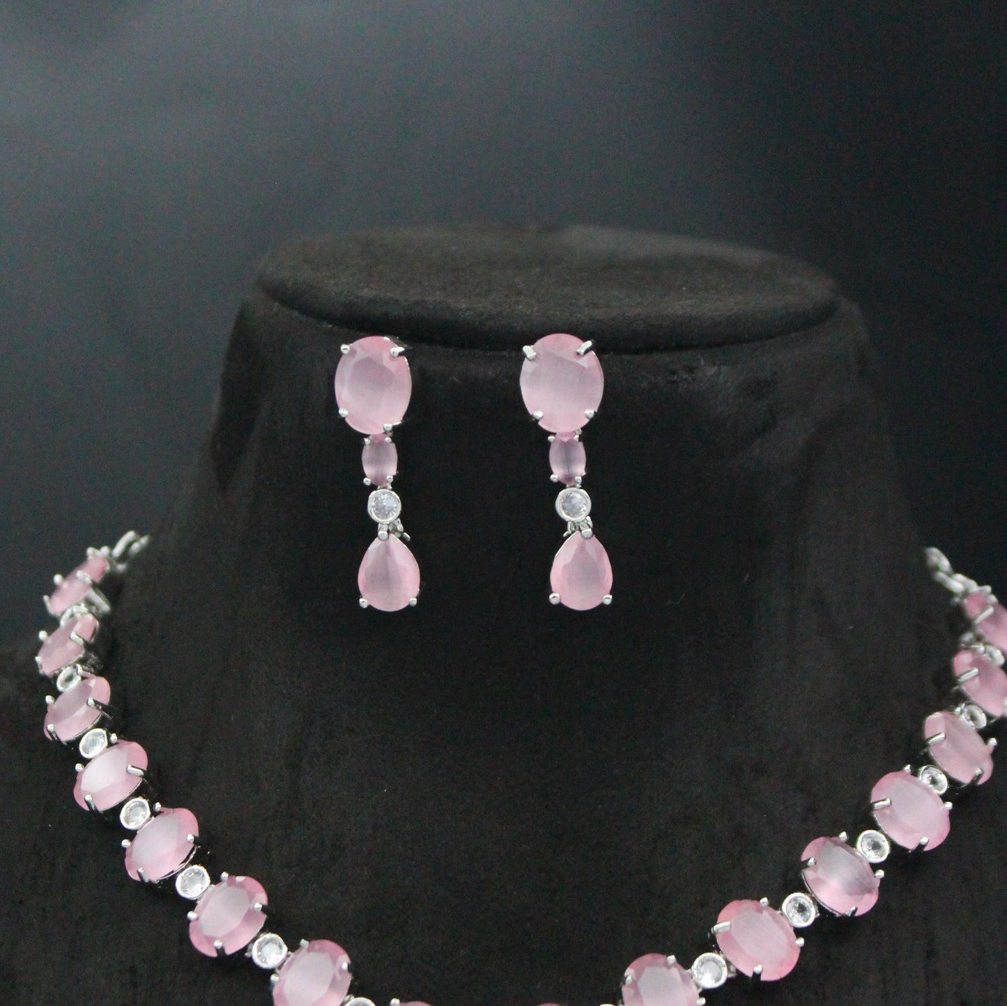 Platinum Pink Drop Short Necklace Set With Push Back Earrings 39086