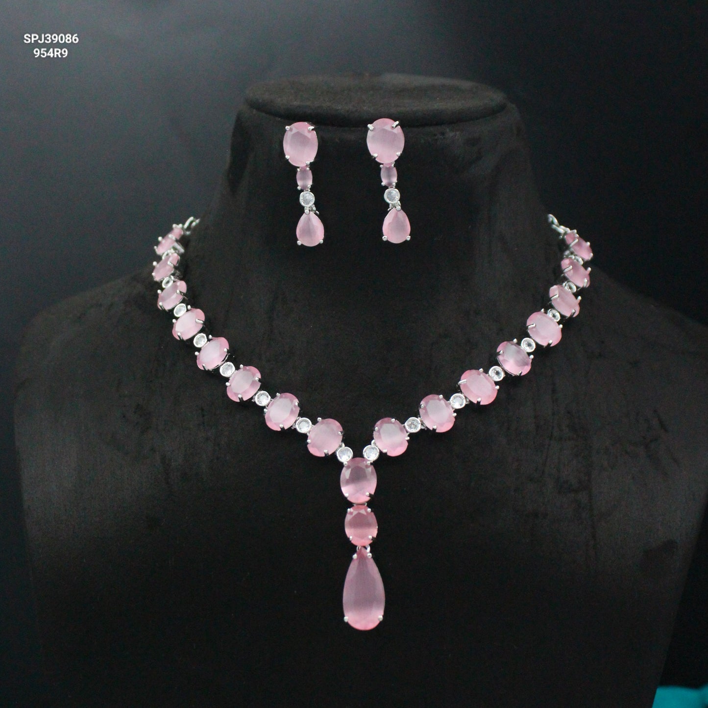 Platinum Pink Drop Short Necklace Set With Push Back Earrings 39086