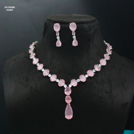 Platinum Pink Drop Short Necklace Set With Push Back Earrings 39086