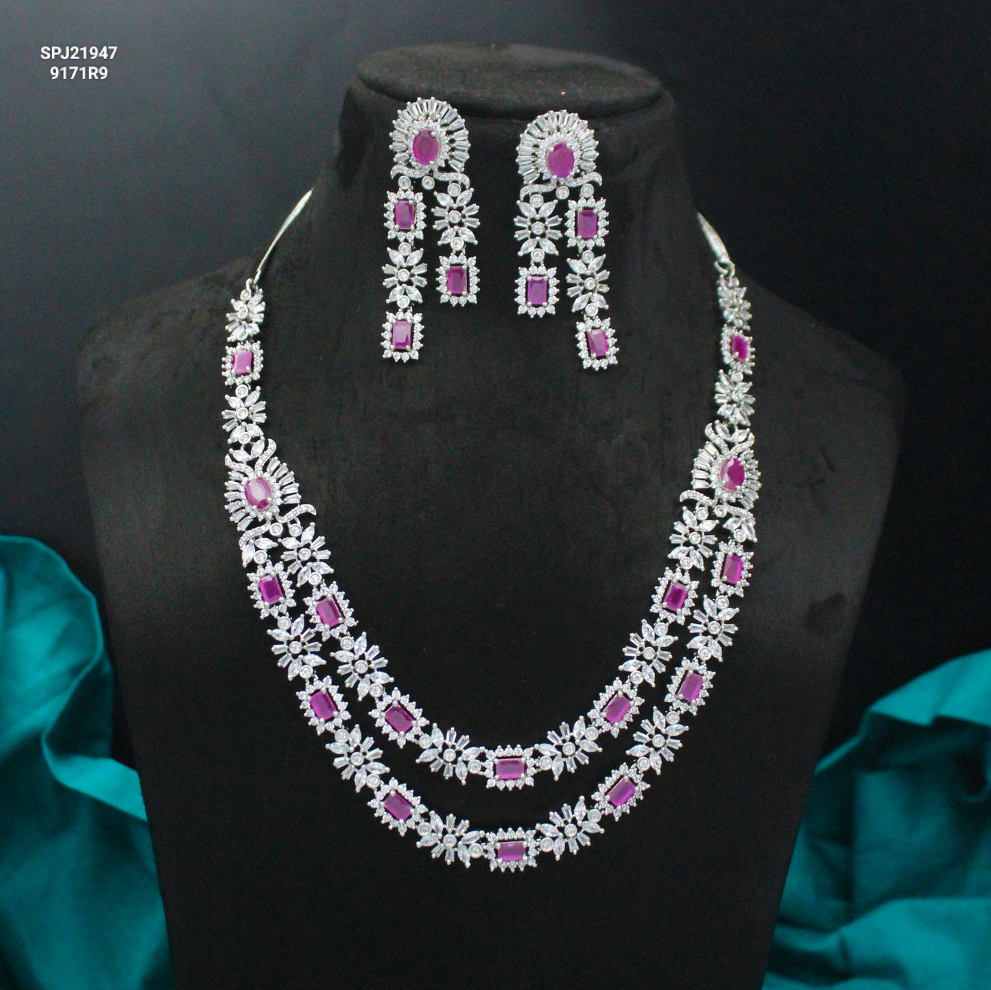 Platinum Dark Pink 2 Layers Short Necklace Set With Push Back Hanging Earrings  21947