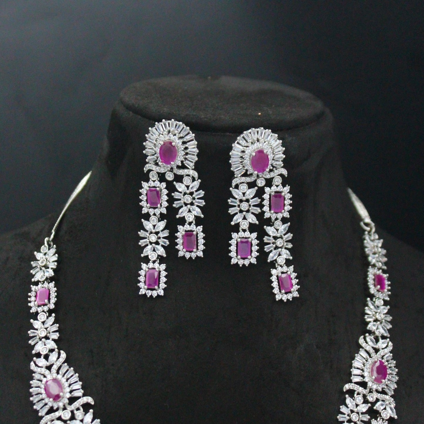 Platinum Dark Pink 2 Layers Short Necklace Set With Push Back Hanging Earrings  21947