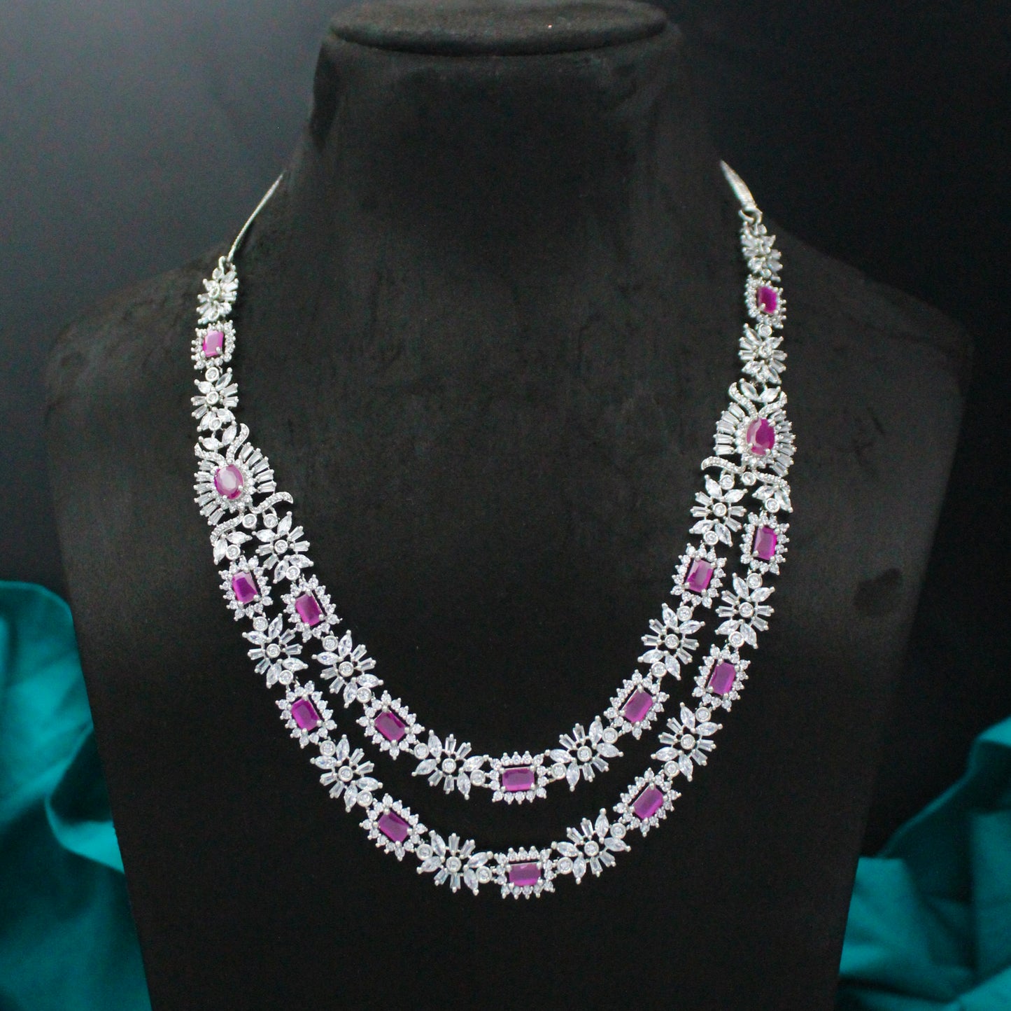 Platinum Dark Pink 2 Layers Short Necklace Set With Push Back Hanging Earrings  21947