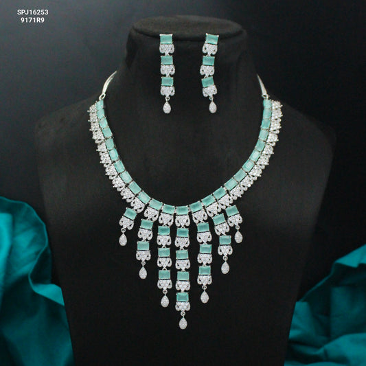 Platinum Mint Blue Short Hangings Necklace Set With Push Back Earrings 16253