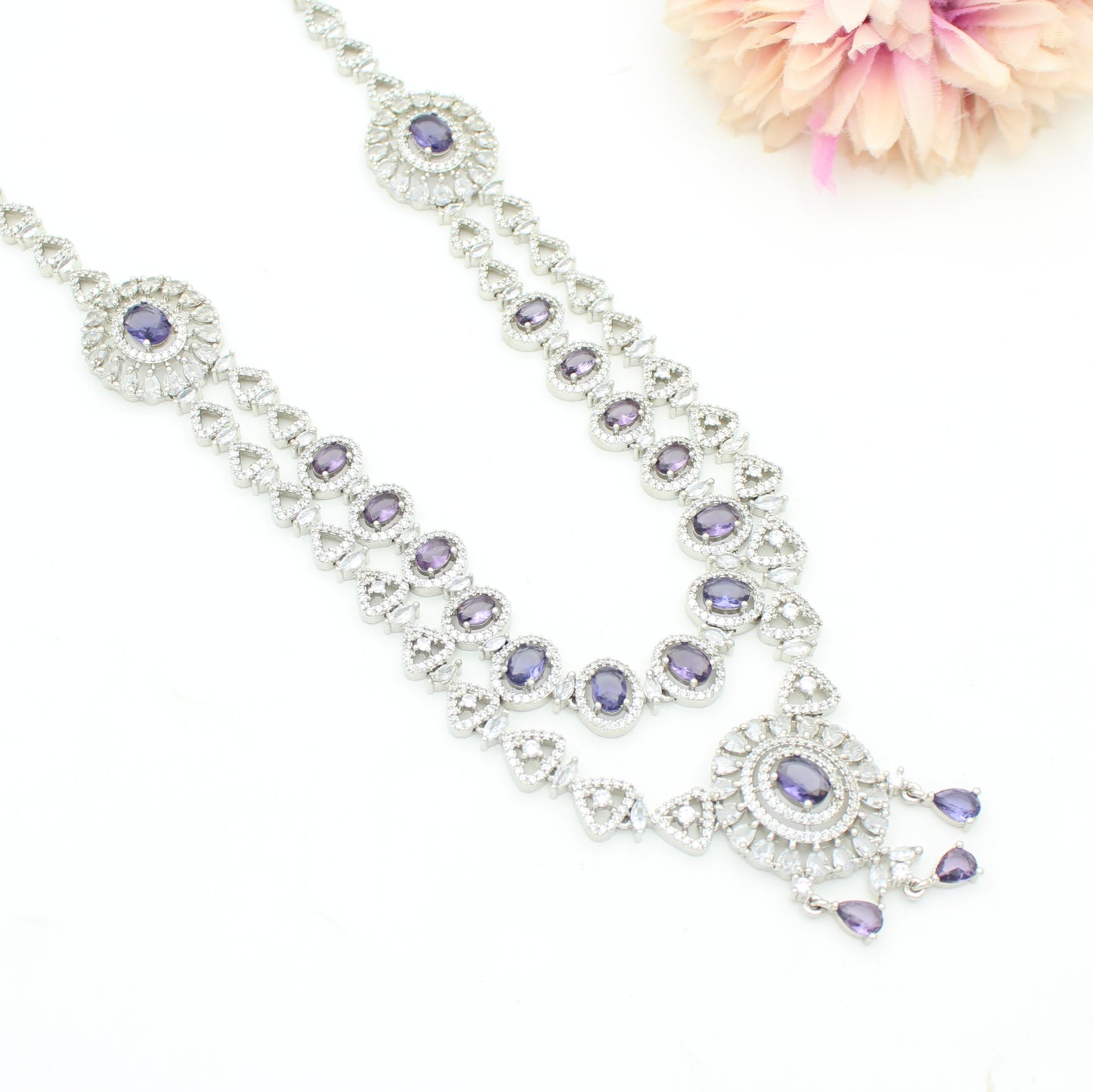 Platinum Purple 2 Layers Short Necklace Set With Push Back and Maangtikka 28773