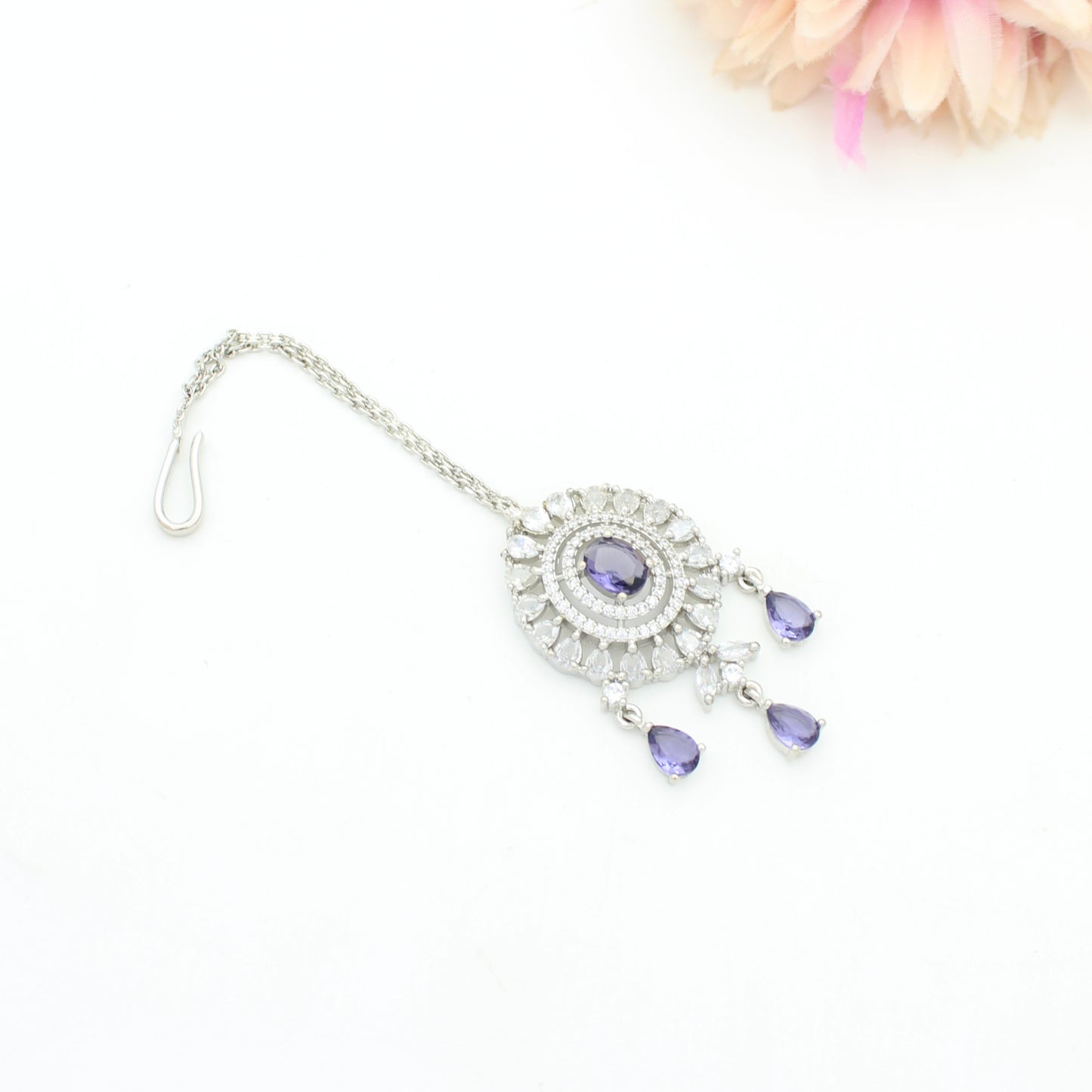 Platinum Purple 2 Layers Short Necklace Set With Push Back and Maangtikka 28773