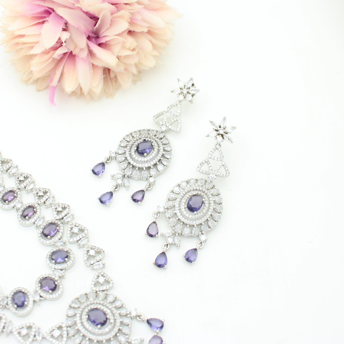 Platinum Purple 2 Layers Short Necklace Set With Push Back and Maangtikka 28773