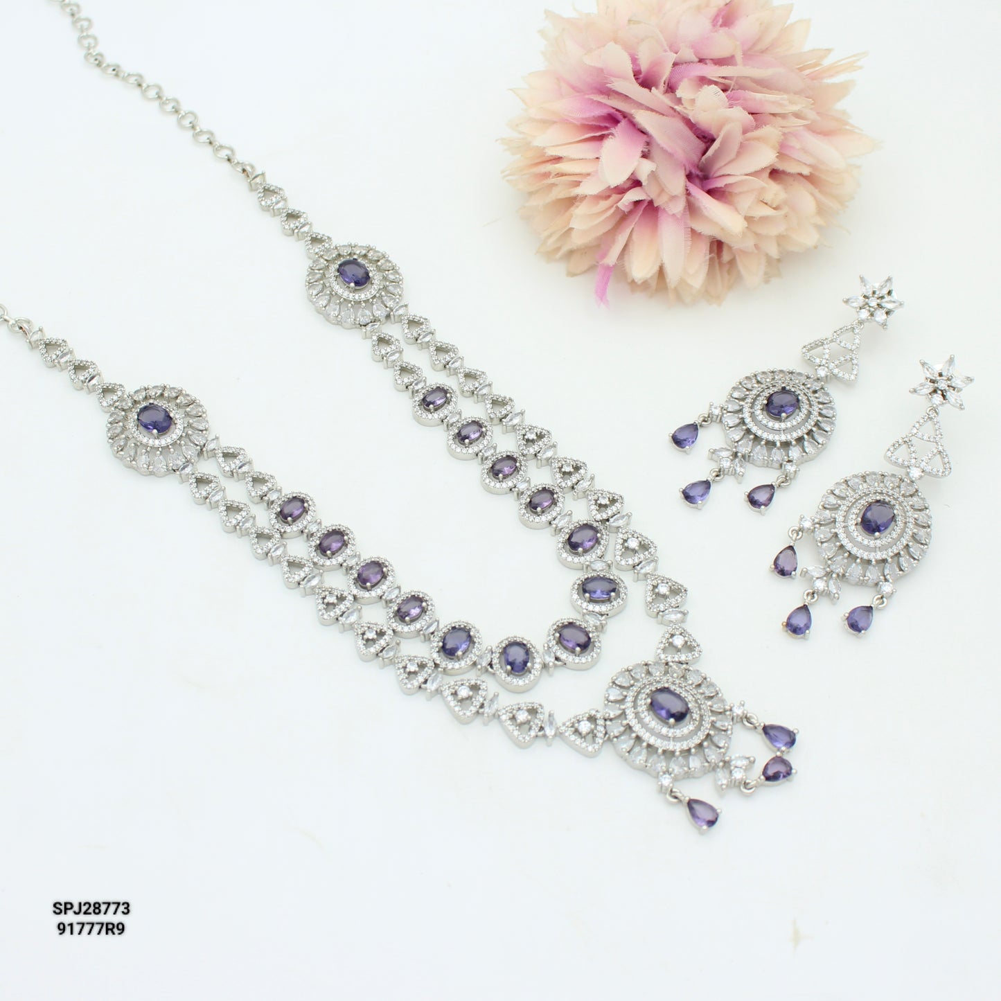Platinum Purple 2 Layers Short Necklace Set With Push Back and Maangtikka 28773