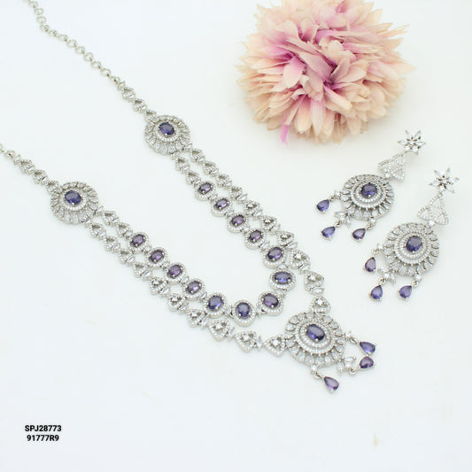 Platinum Purple 2 Layers Short Necklace Set With Push Back and Maangtikka 28773