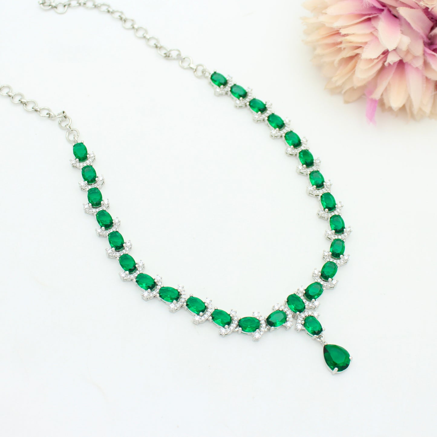 Platinum Short Green Necklace Set With Push Back Earrings 34396