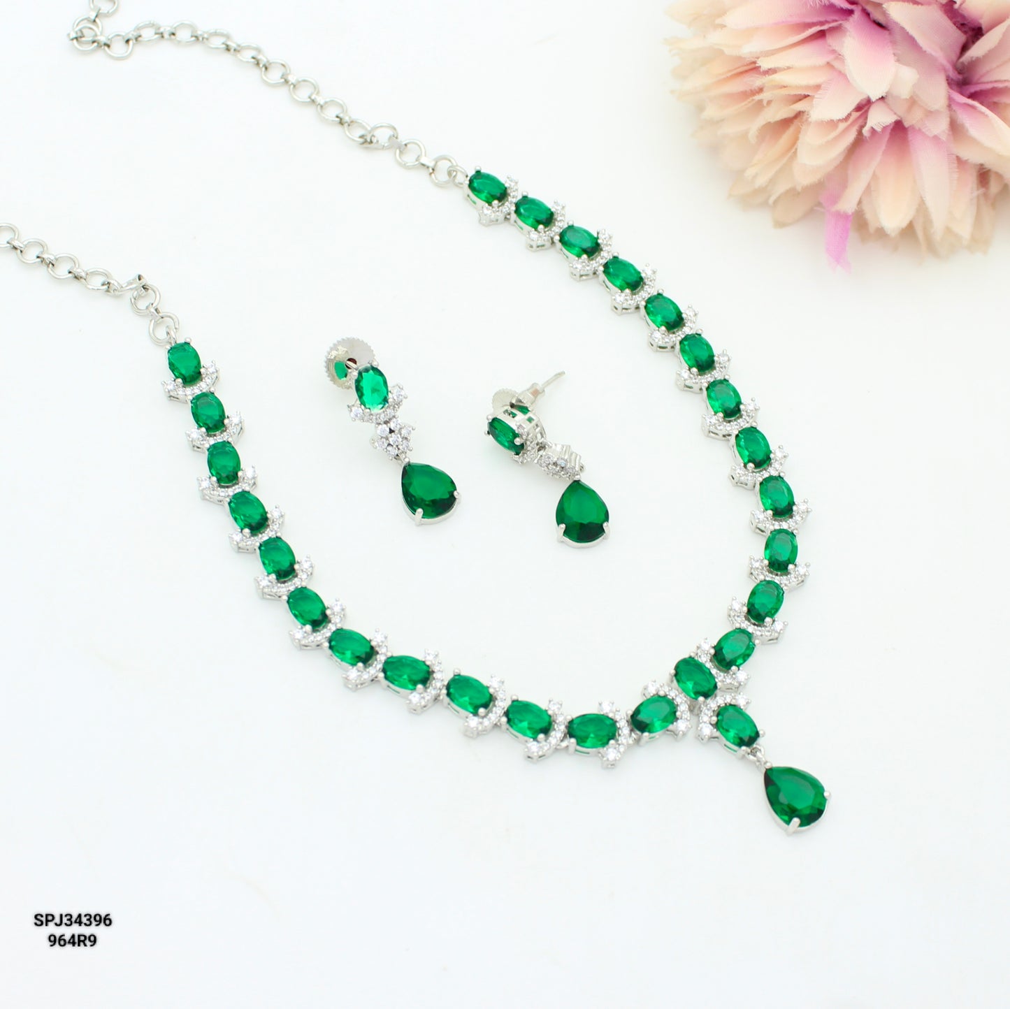 Platinum Short Green Necklace Set With Push Back Earrings 34396