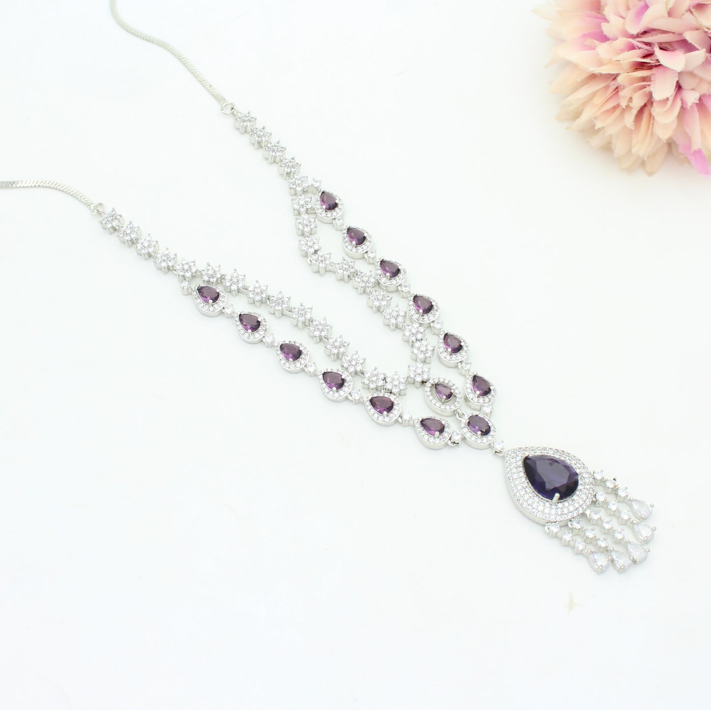 Platinum Purple Drop Short Necklace Set With Push Back Earrings 38861
