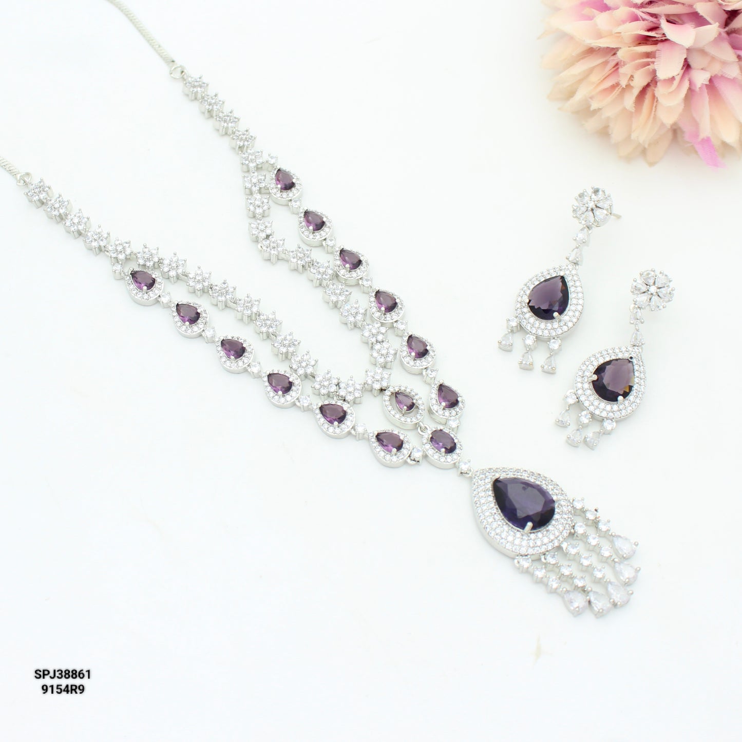 Platinum Purple Drop Short Necklace Set With Push Back Earrings 38861