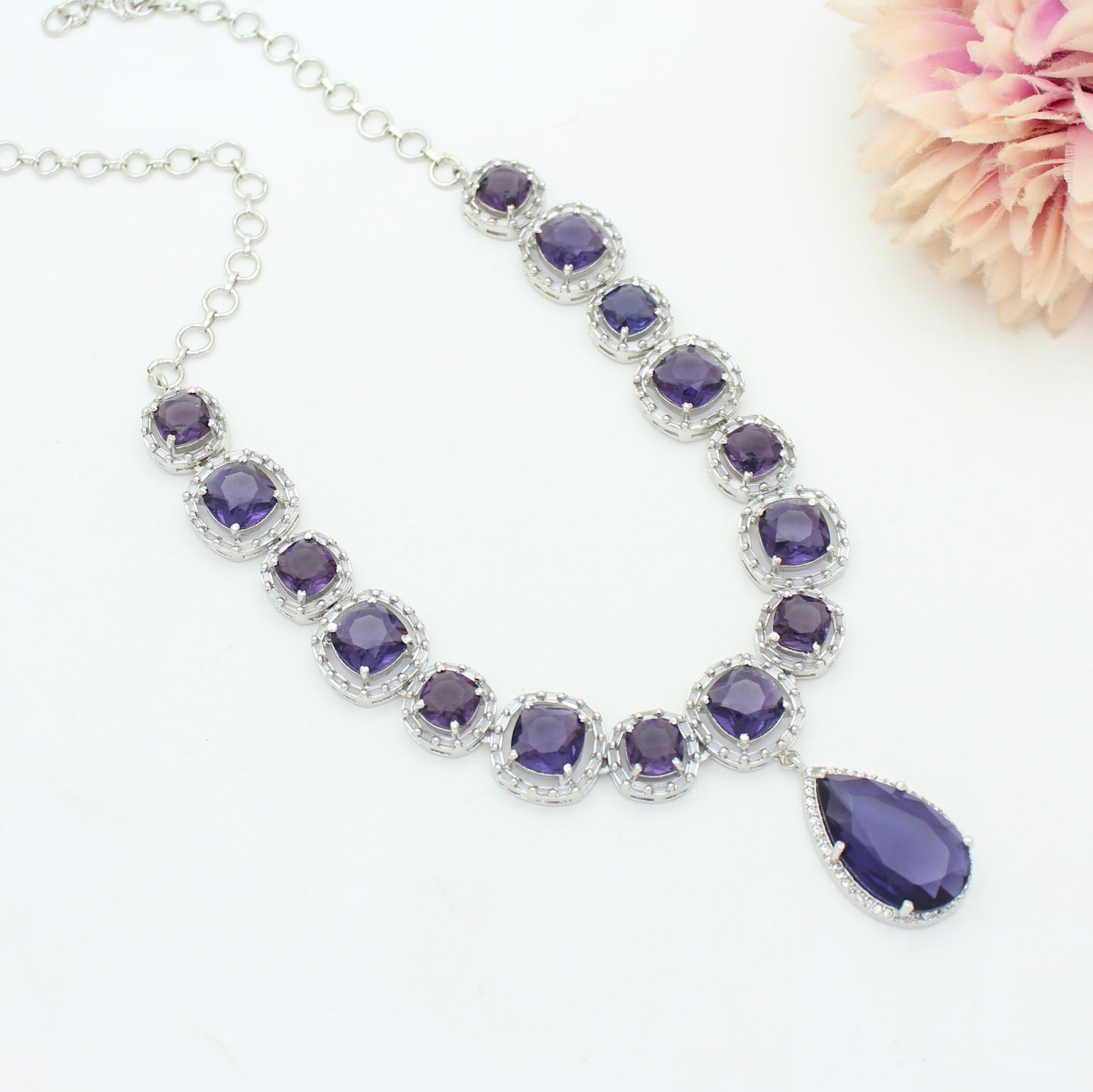 Platinum Purple Square Stone & Drop Short Necklace Set With Push Back Earrings  37593