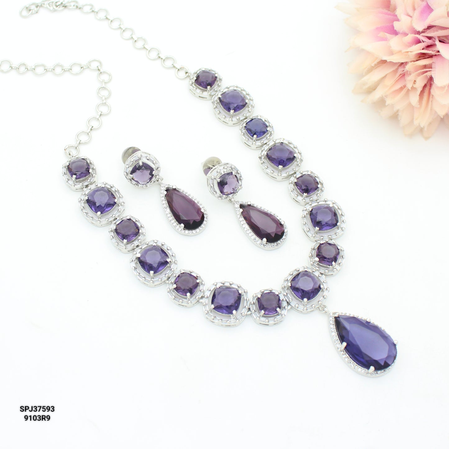 Platinum Purple Square Stone & Drop Short Necklace Set With Push Back Earrings  37593