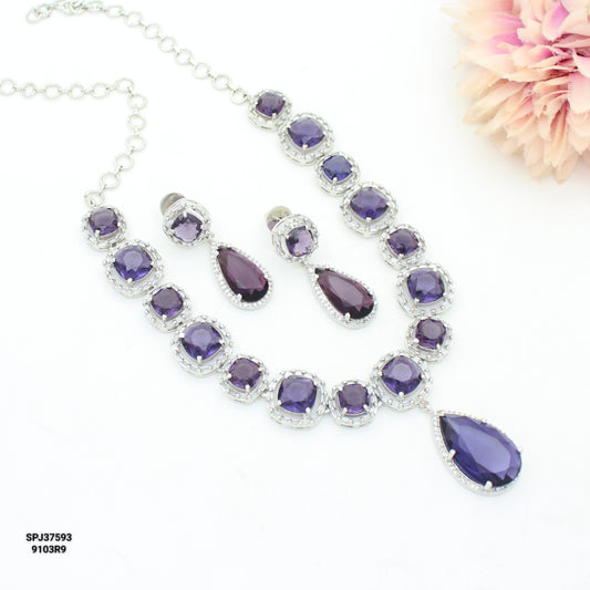 Platinum Purple Square Stone & Drop Short Necklace Set With Push Back Earrings  37593