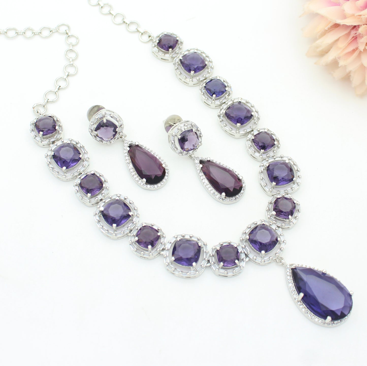 Platinum Purple Square Stone & Drop Short Necklace Set With Push Back Earrings  37593