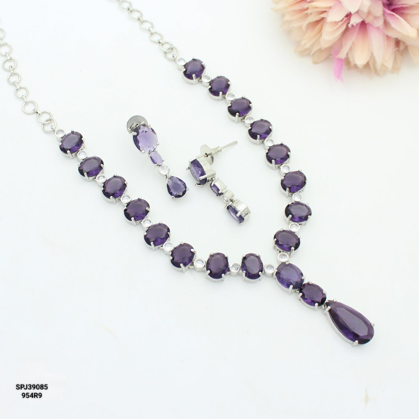 Platinum Purple Short Necklace Set With Push Back Earrings 39085
