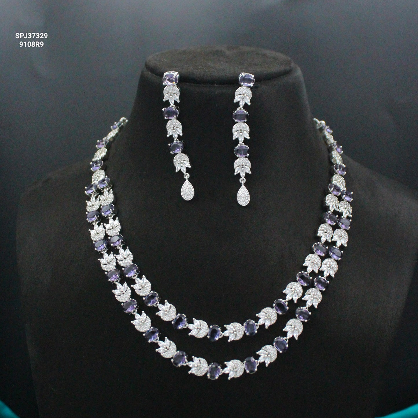Platinum 2 Layers Short Purple Necklace Set With Push Back Earrings 37329