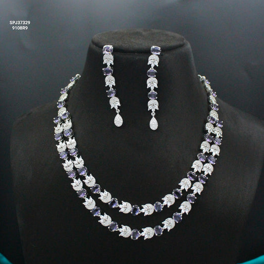 Platinum 2 Layers Short Purple Necklace Set With Push Back Earrings 37329