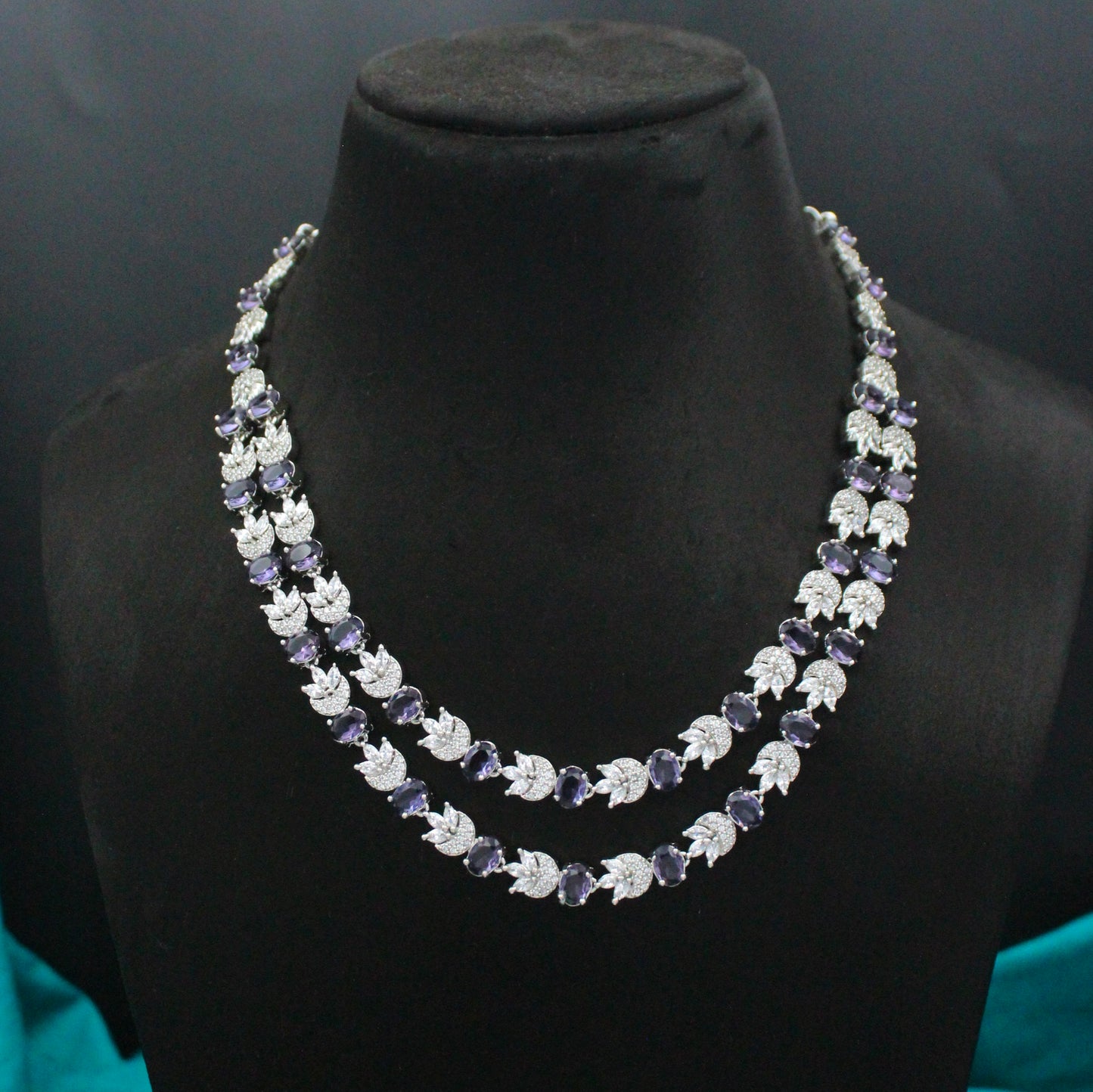 Platinum 2 Layers Short Purple Necklace Set With Push Back Earrings 37329