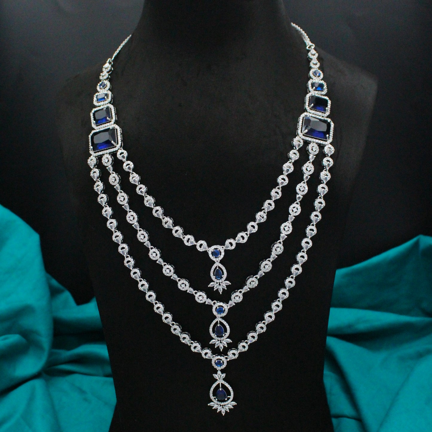 Platinum Dark Blue 3 Layers Drop Necklace Set With Push Back Earrings 27322