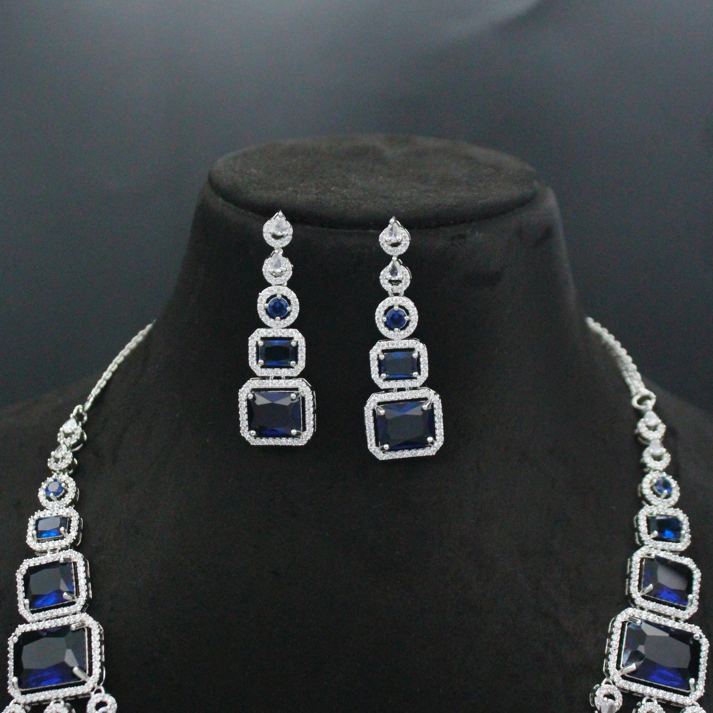 Platinum Dark Blue 3 Layers Drop Necklace Set With Push Back Earrings 27322