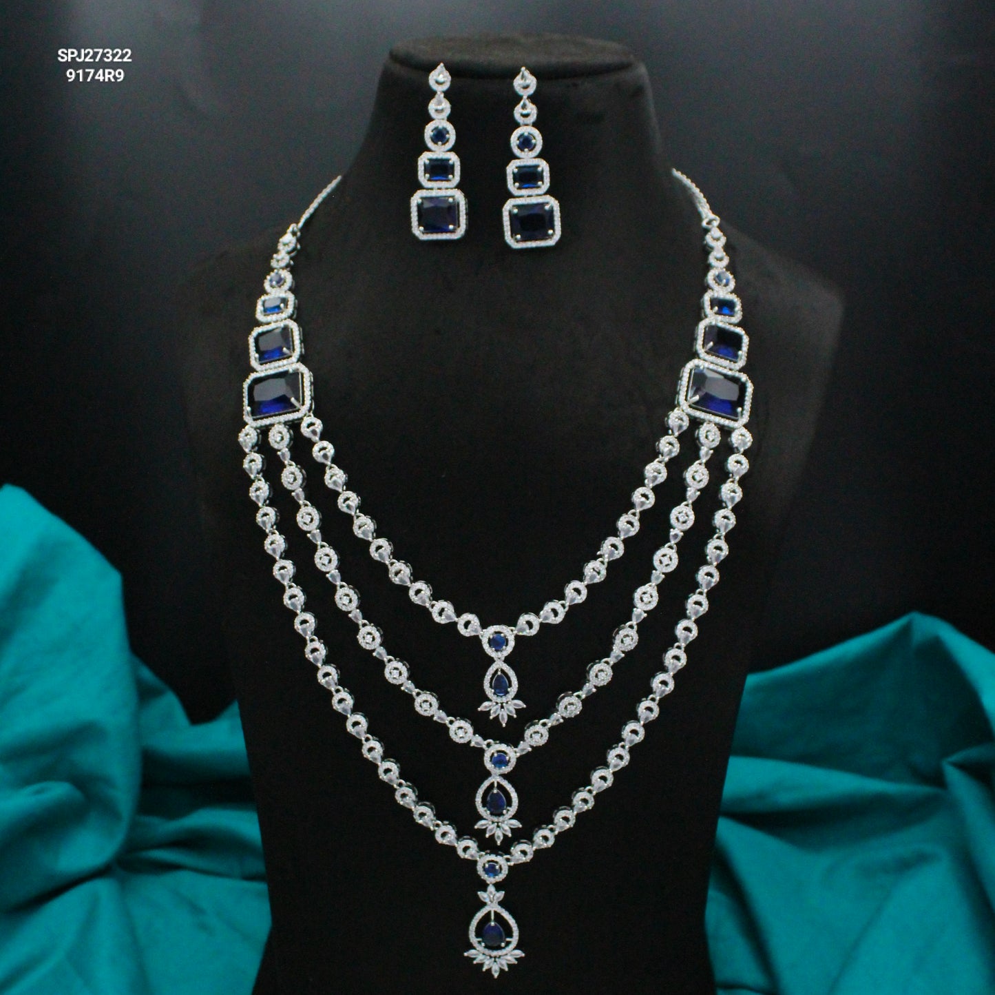 Platinum Dark Blue 3 Layers Drop Necklace Set With Push Back Earrings 27322