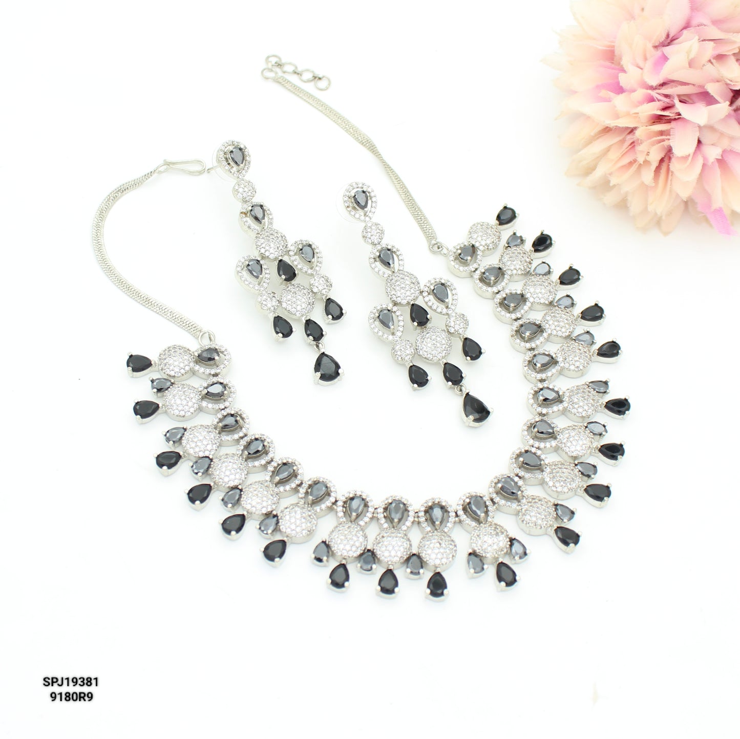 Platinum Black Stone Short Drop Necklace Set With Push Back Earrings 19381
