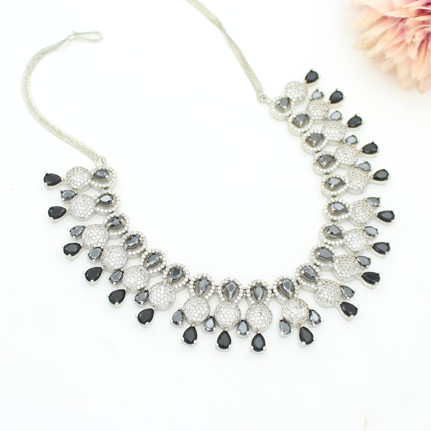 Platinum Black Stone Short Drop Necklace Set With Push Back Earrings 19381