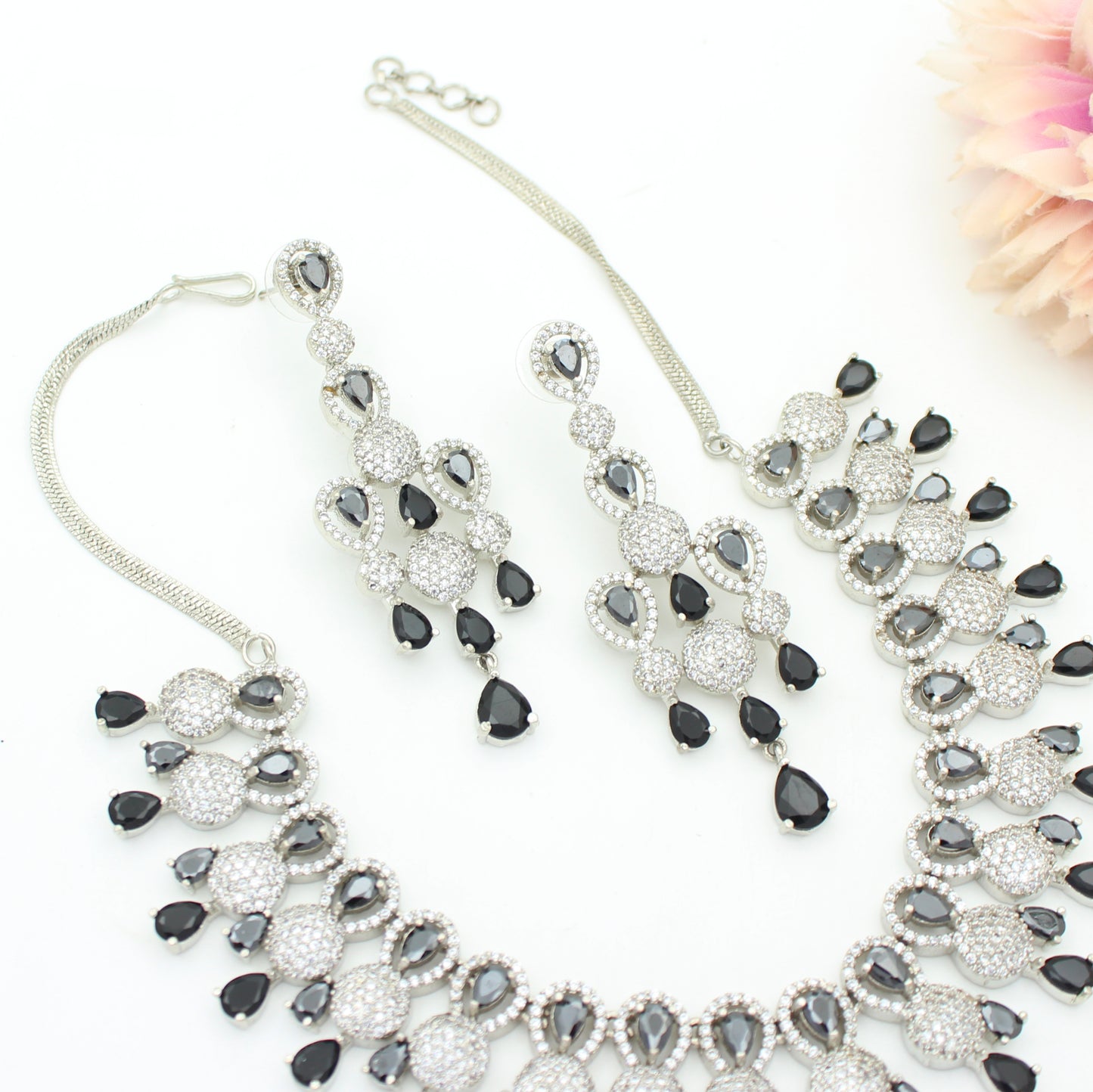 Platinum Black Stone Short Drop Necklace Set With Push Back Earrings 19381