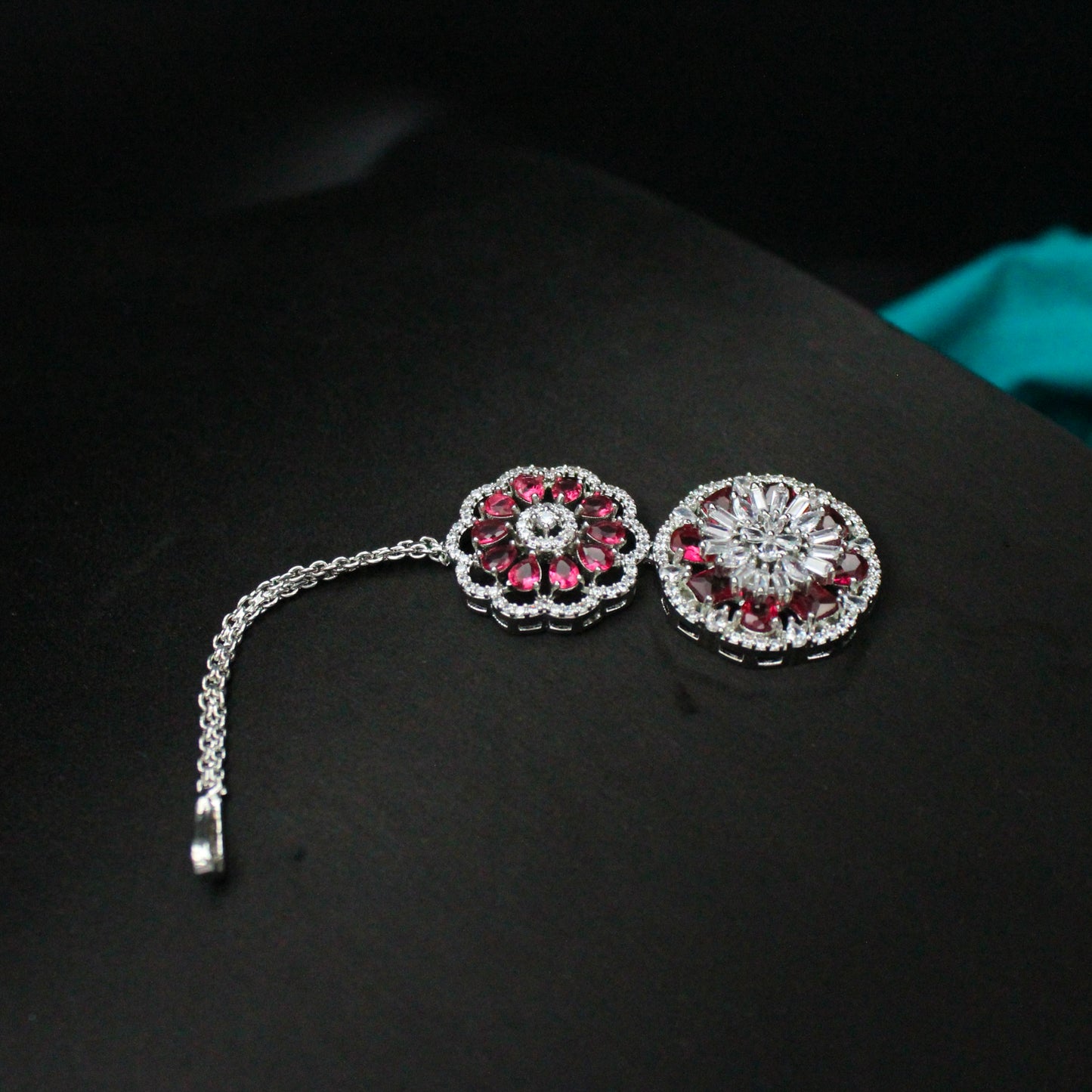 Platinum Ruby Floral Short Necklace Set With Maangtikka and Earrings 16171