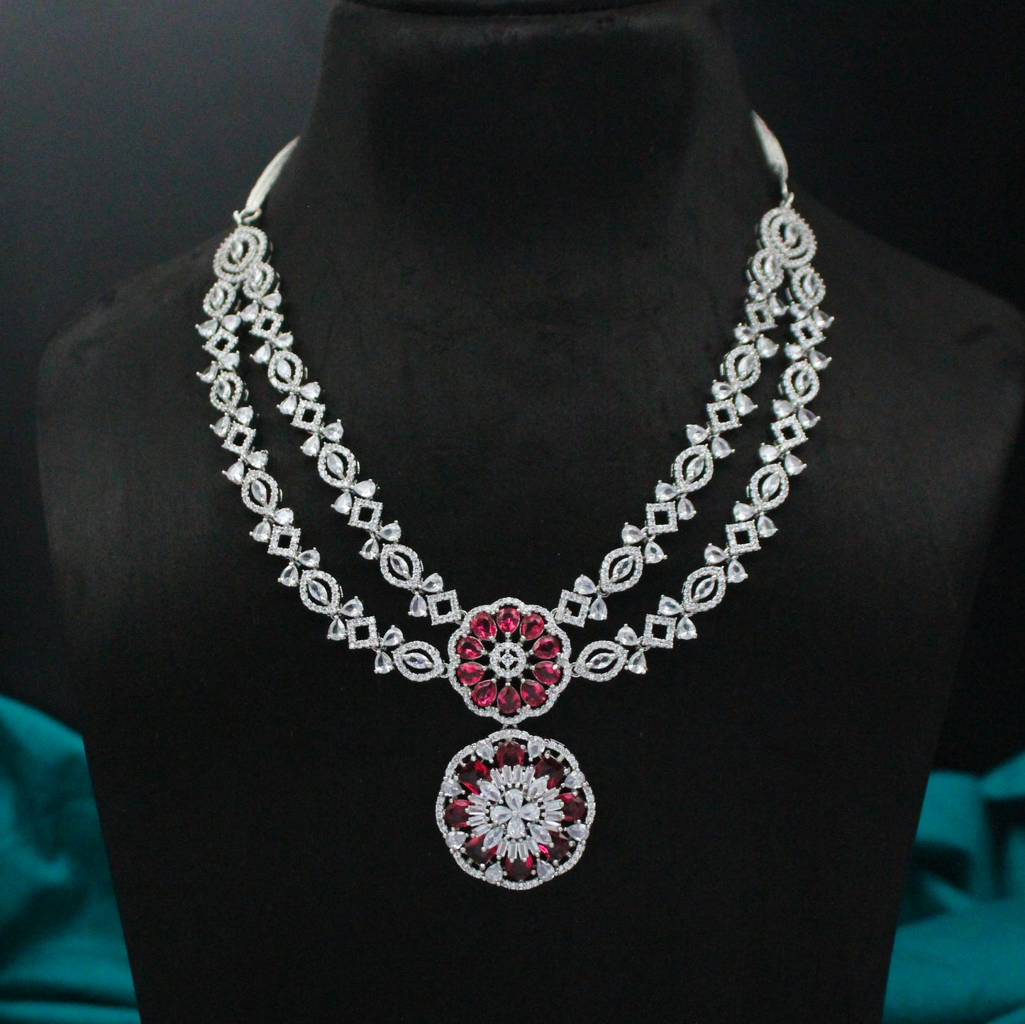 Platinum Ruby Floral Short Necklace Set With Maangtikka and Earrings 16171