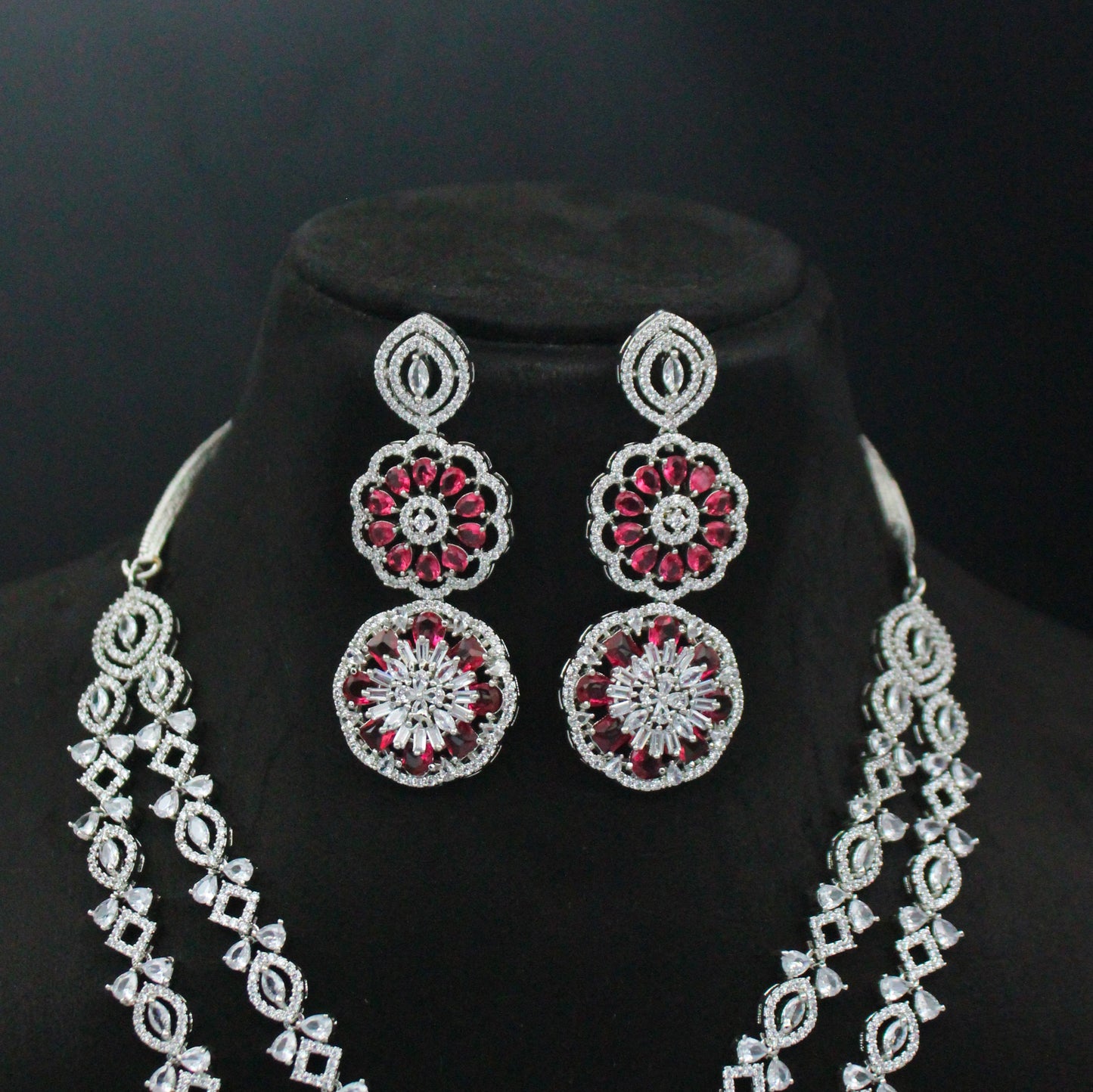 Platinum Ruby Floral Short Necklace Set With Maangtikka and Earrings 16171