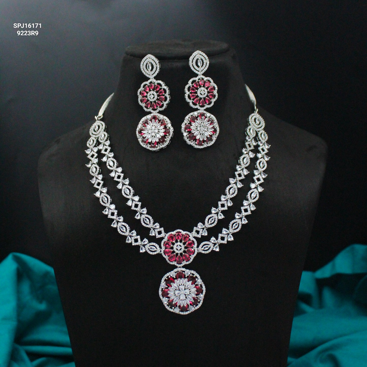 Platinum Ruby Floral Short Necklace Set With Maangtikka and Earrings 16171