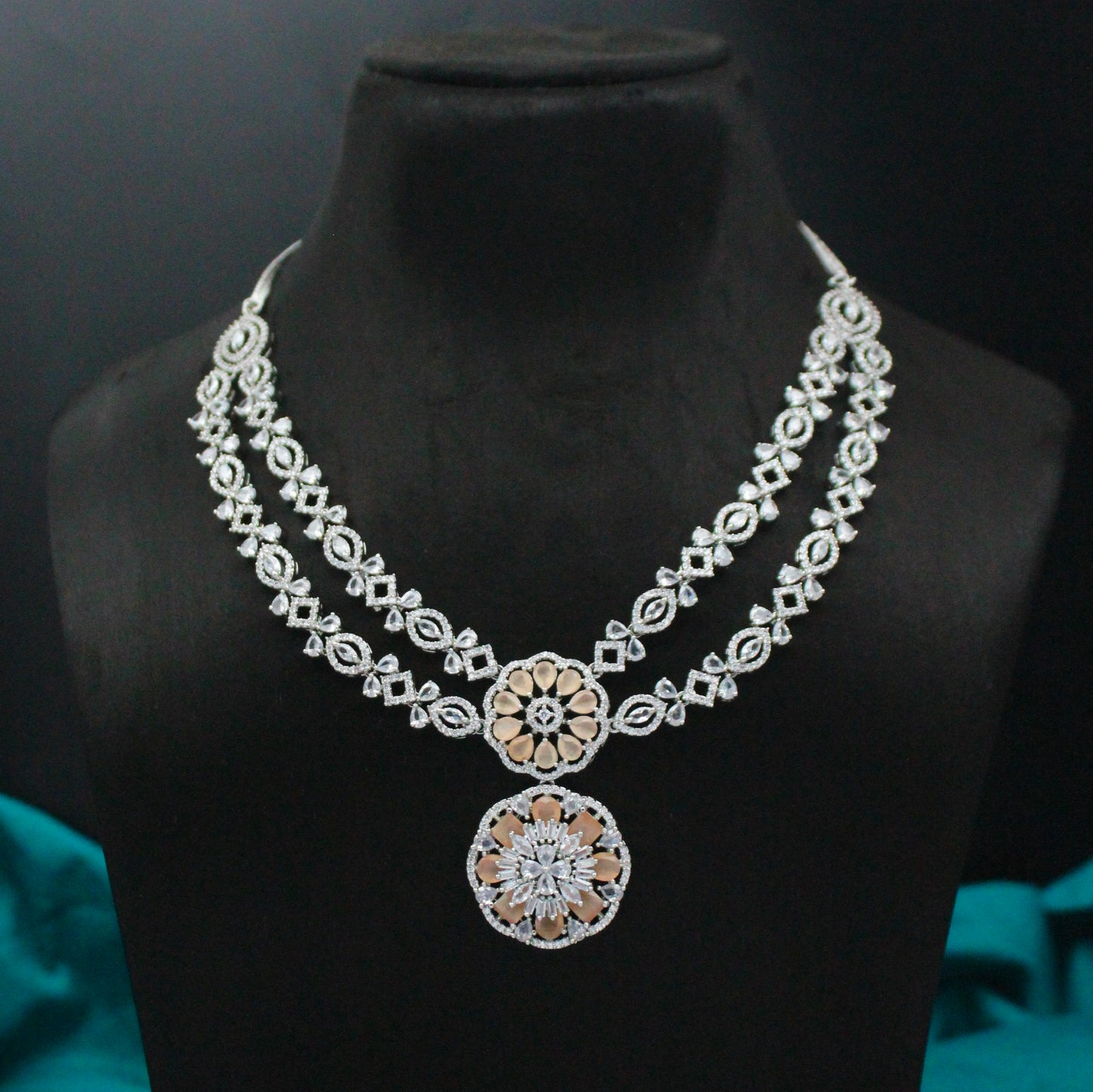 Platinum Mint Short Necklace Set Floral With Maangtikka And Push Back Earrings 16522