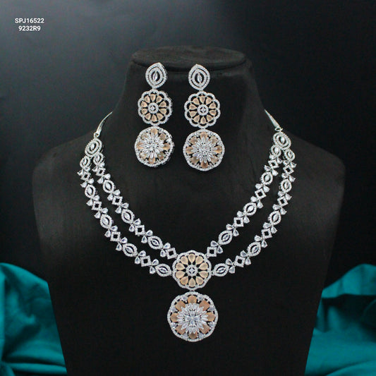 Platinum Mint Short Necklace Set Floral With Maangtikka And Push Back Earrings 16522