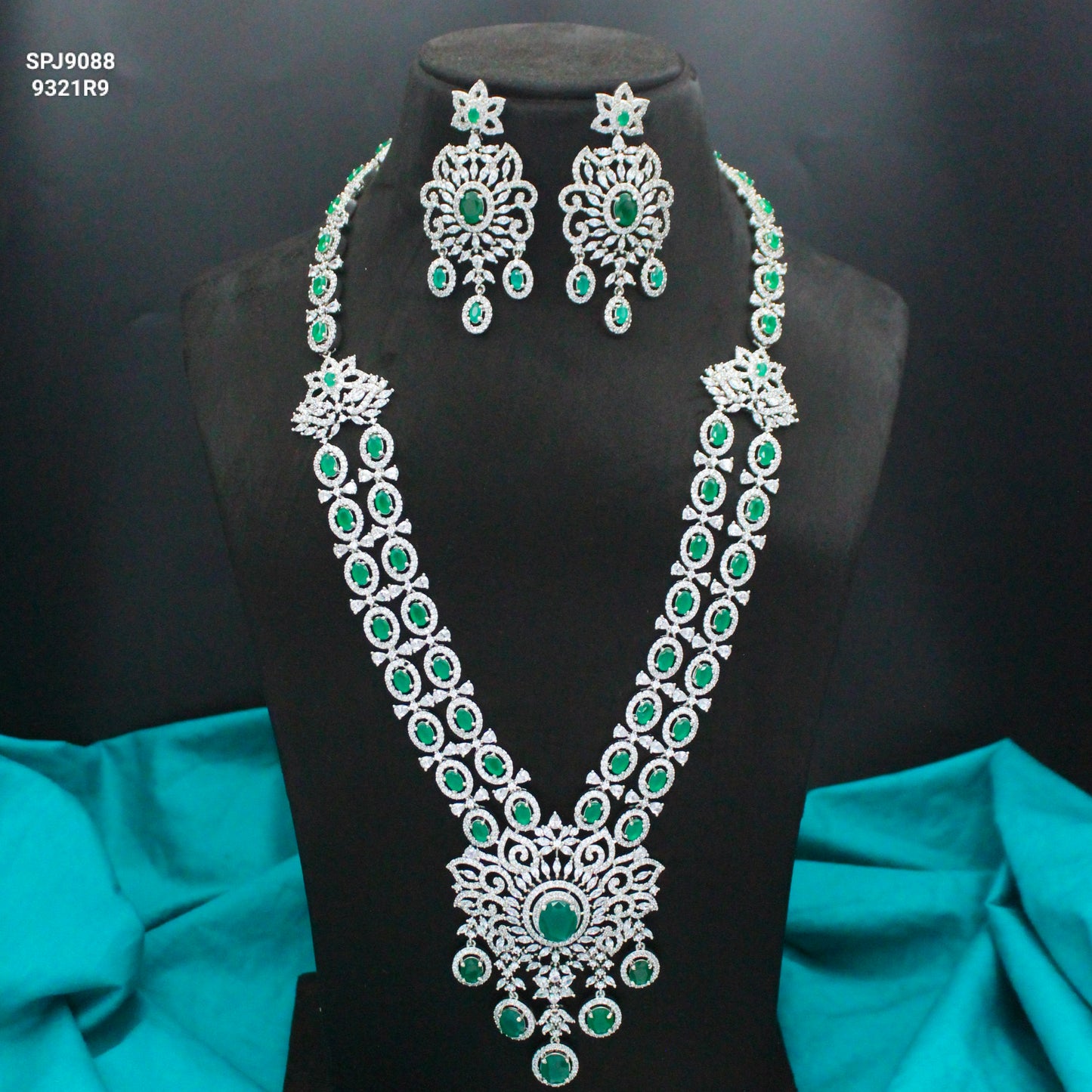 Platinum Long 2 Layers Green Drop Necklace Set With Push Back Earrings 9088