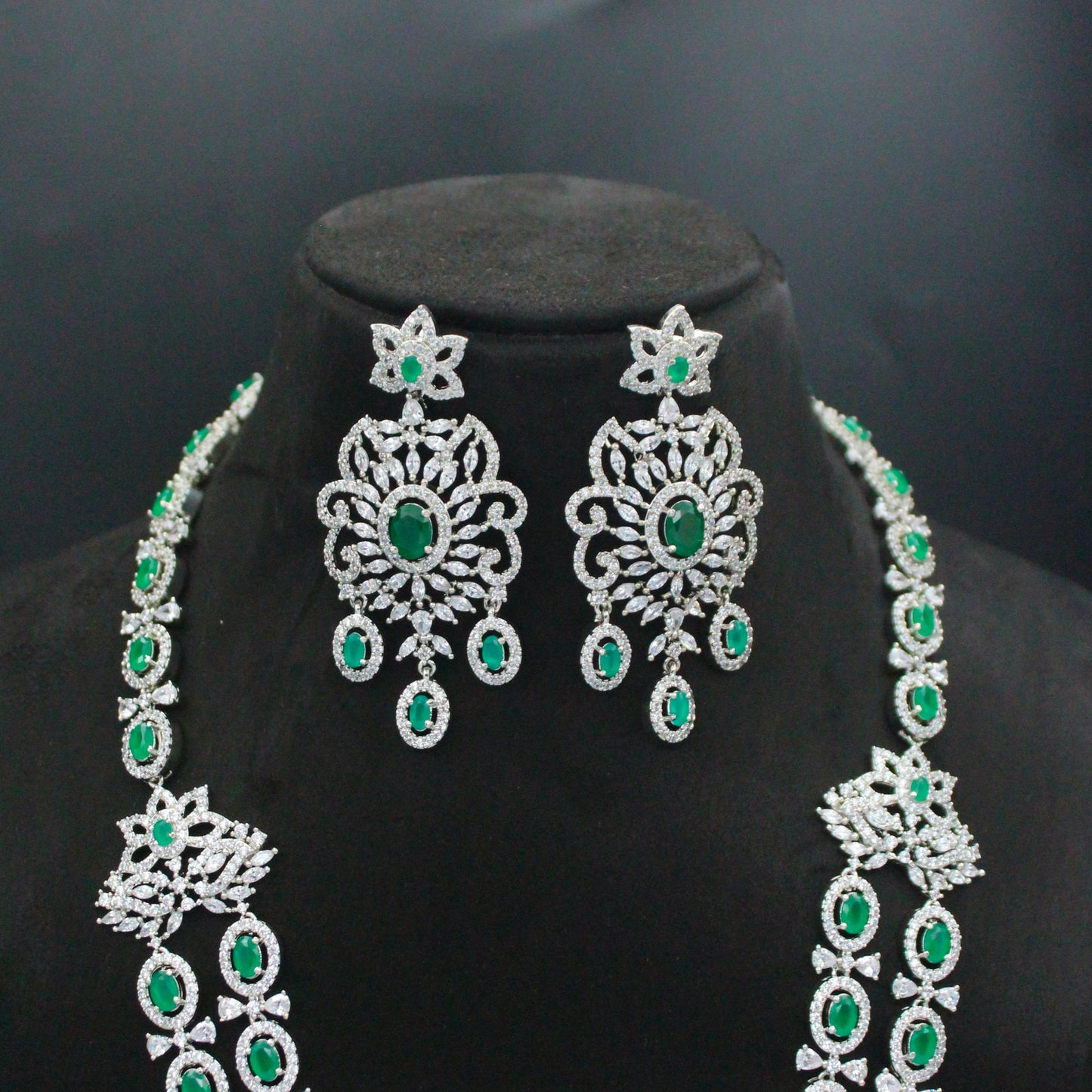 Platinum Long 2 Layers Green Drop Necklace Set With Push Back Earrings 9088