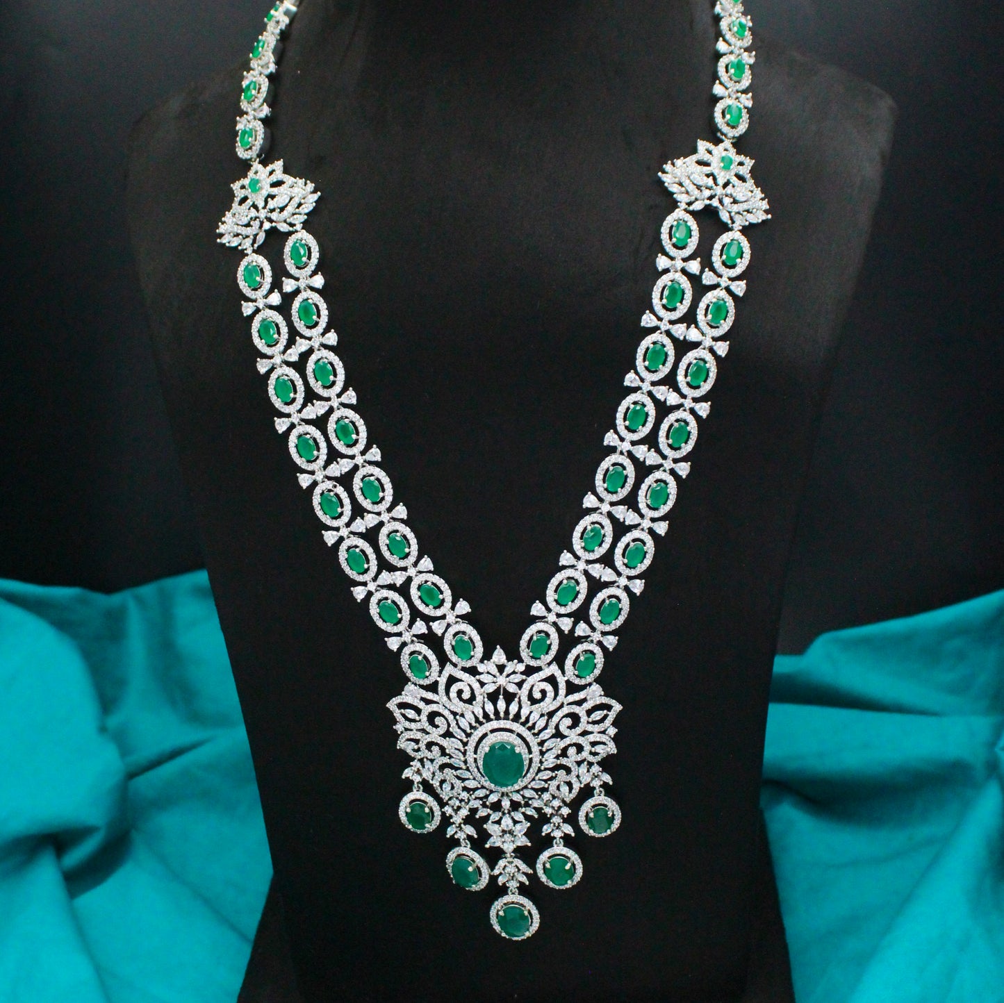 Platinum Long 2 Layers Green Drop Necklace Set With Push Back Earrings 9088