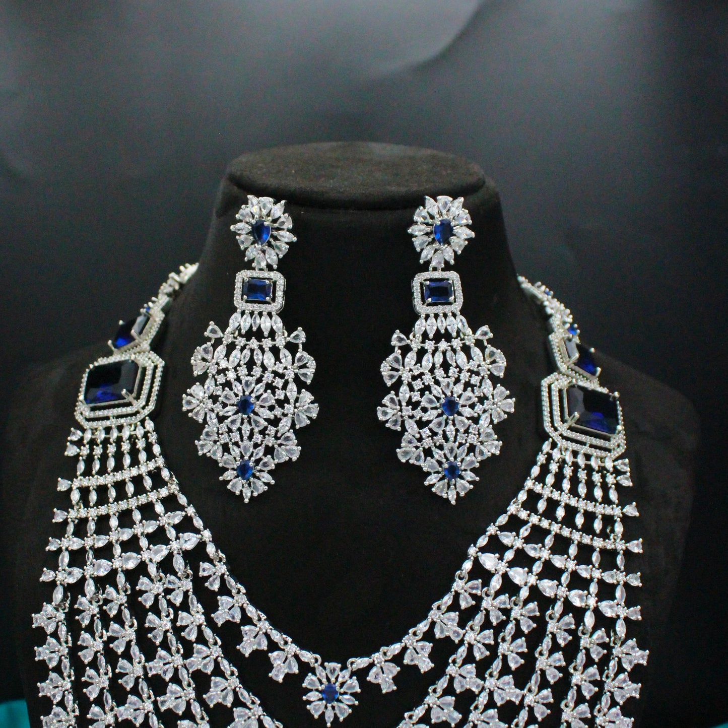 Platinum Navy Blue Layers Long Necklace Set With Push Back Earrings 9132