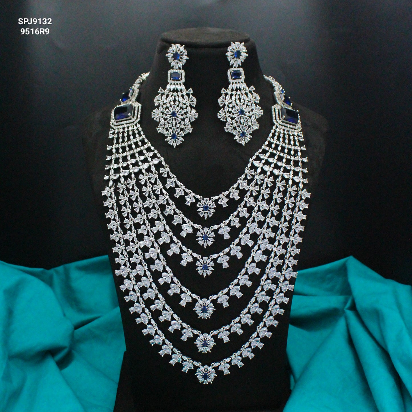 Platinum Navy Blue Layers Long Necklace Set With Push Back Earrings 9132