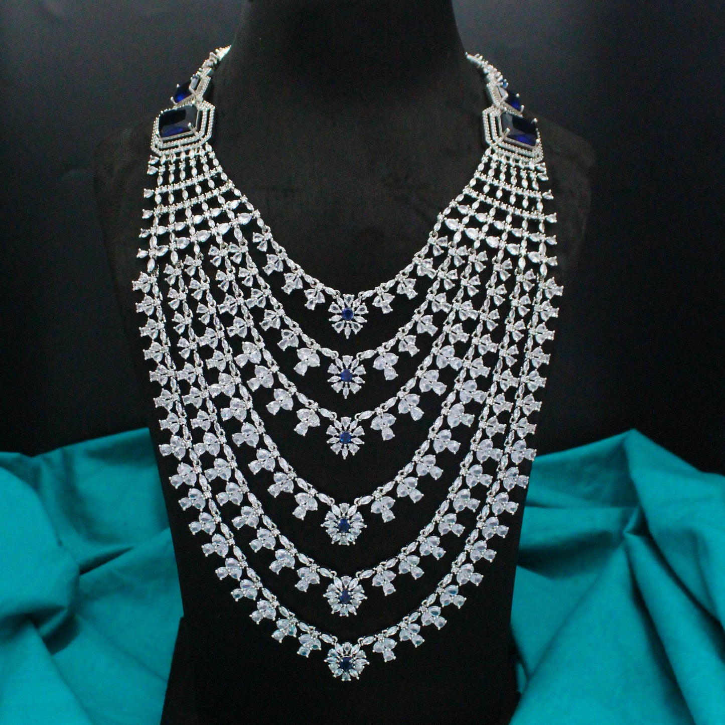 Platinum Navy Blue Layers Long Necklace Set With Push Back Earrings 9132